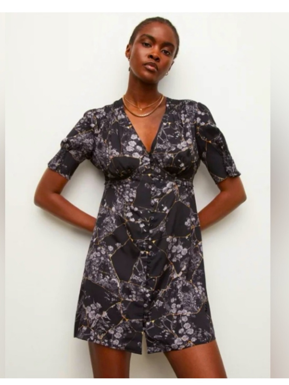 All Saints Black Floral V-Neck Mini Dress with Subtle Chain Print